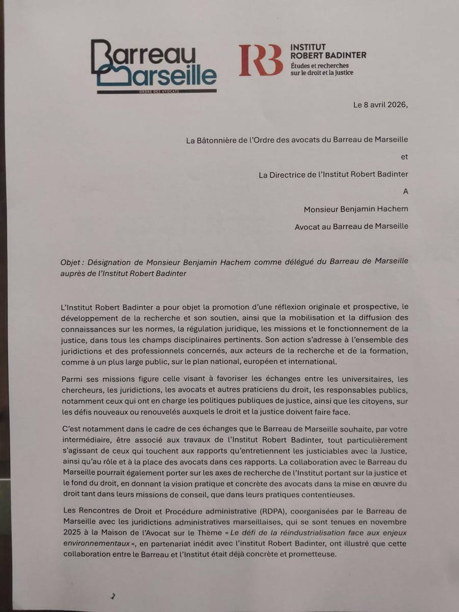 Me Benjamin Hachem est délégué du Barreau de Marseille auprès de l'Institut Robert Badinter
